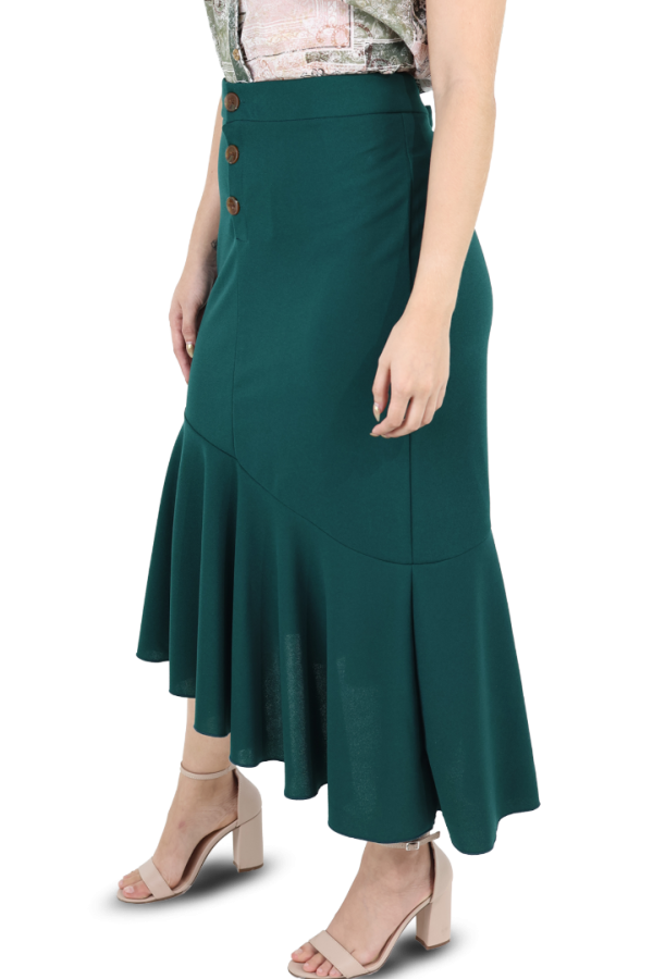 Falda Midi Asimétrica Verde con Olán y Abertura de Botones en Cintura Para Dama